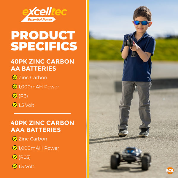 Excelltec 40pk x AA + 40pk x AAA Zinc Carbon Batteries | 1.5V Long-Lasting Household Battery Pack | Reliable Everyday Power for Toys, Remotes, Flashlights & Clocks | Bulk Home & Office Supply