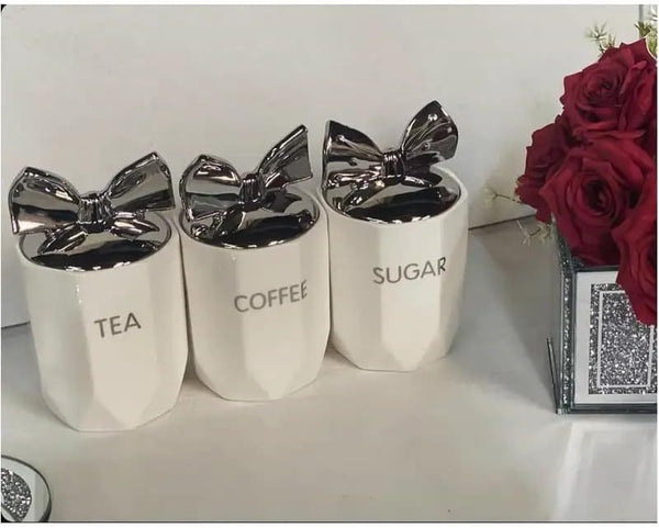 White Silver 3-Piece Marble Effect Ceramic Tea, Coffee & Sugar Canisters – 15x11cm Kitchen Storage Jars with Silver Bow Lid, Crystal Style Containers for Home Décor, Dining Table & Gift Set