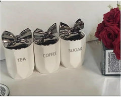 White Silver 3-Piece Marble Effect Ceramic Tea, Coffee & Sugar Canisters – 15x11cm Kitchen Storage Jars with Silver Bow Lid, Crystal Style Containers for Home Décor, Dining Table & Gift Set
