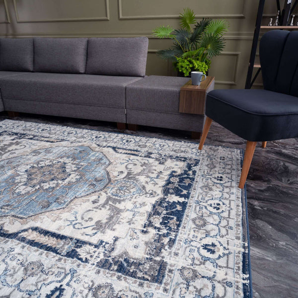 Montana Oriental Rug – Durable and Non-Shedding Area Rug for Living Room, Kitchen, Dining Room, Nursery, and Bedroom – Navy and Cream Colours – Easy Maintenance, Pet-Friendly.
