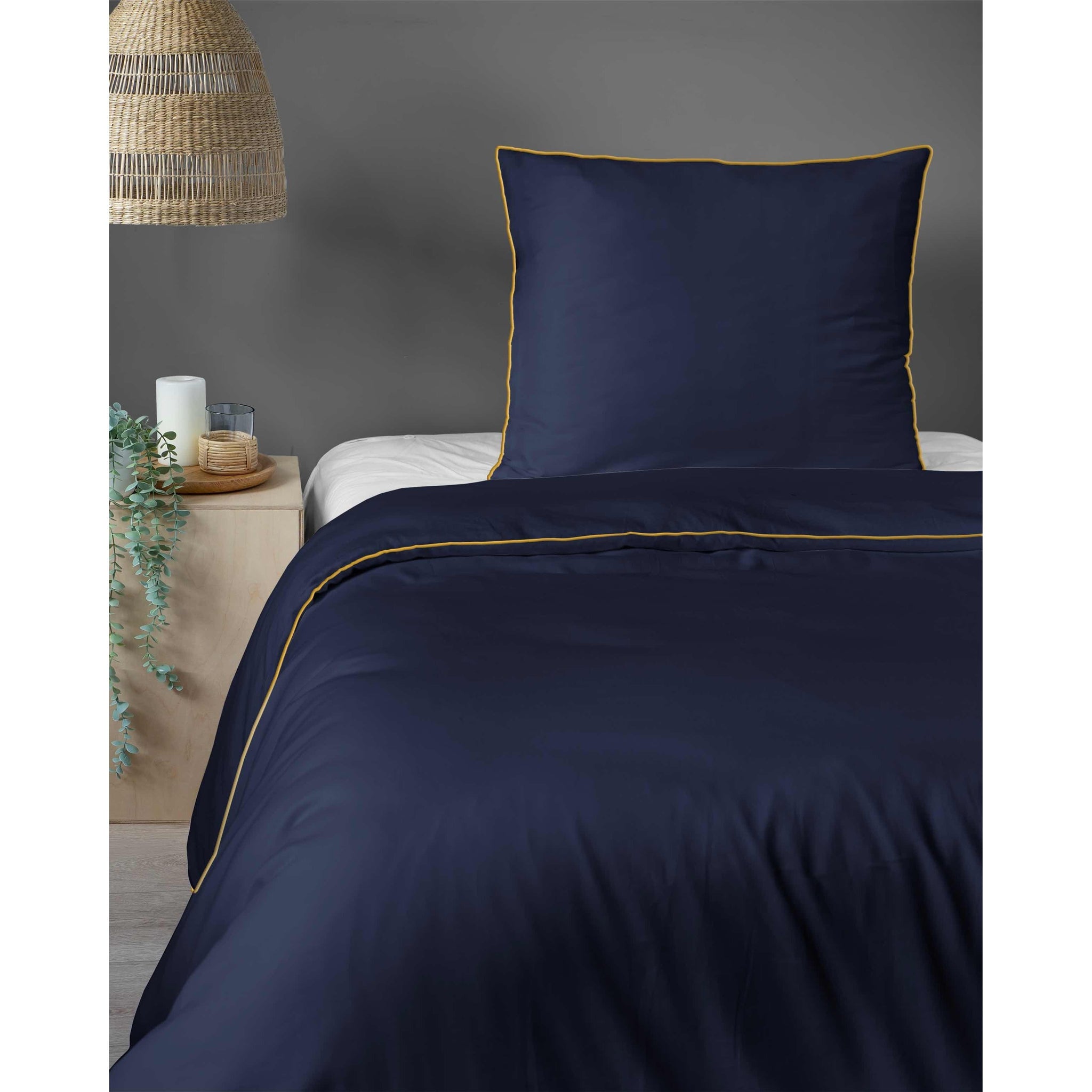 Luxury Dark Blue Duvet Cover Set with Gold Trim – 100% Cotton Sateen – Opulent Hotel Style Bedding for Single, Double, and King Beds