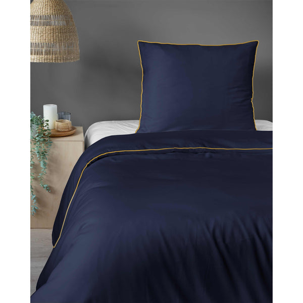 Luxury Dark Blue Duvet Cover Set with Gold Trim – 100% Cotton Sateen – Opulent Hotel Style Bedding for Single, Double, and King Beds
