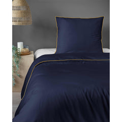 Luxury Dark Blue Duvet Cover Set with Gold Trim – 100% Cotton Sateen – Opulent Hotel Style Bedding for Single, Double, and King Beds