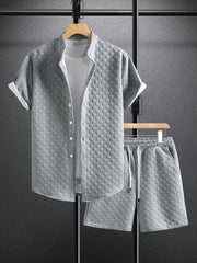 Men'S Casual Short Sleeve Button-Up Shirt & Shorts Set - Solid Black, Breathable Polyester Blend, Regular Fit for Summer, Everyday Comfort, Casual Summer Wear | Buttonup Shirt | Polyester Blend