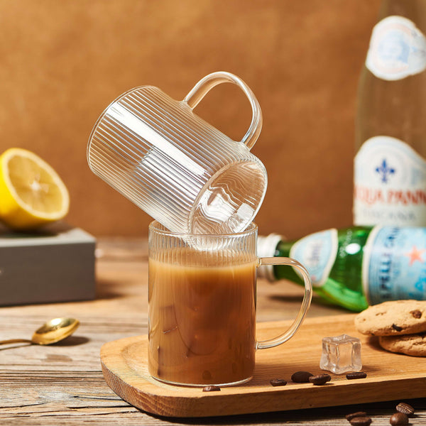 Set of 6 Striped Glass Espresso Shot Cups with Handles (160ml) - Stackable Borosilicate Coffee Glasses, Vertical Ribbed Design, Dishwasher Safe, Shot Glasses for Espresso, mini Desserts