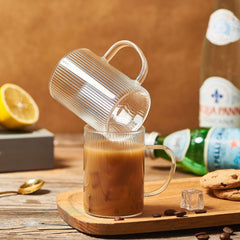 Set of 6 Striped Glass Espresso Shot Cups with Handles (160ml) - Stackable Borosilicate Coffee Glasses, Vertical Ribbed Design, Dishwasher Safe, Shot Glasses for Espresso, mini Desserts