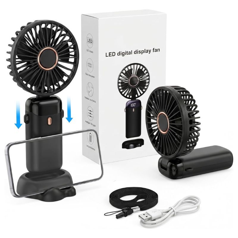1pc Portable Handheld Fan USB Rechargeable Foldable Mini Desk Fans 5 Speeds, Personal Cooling Fan with Neck Strap for Travel, Office & Outdoor Use, Removable Cover for Easy Clean, Black, Pink, White Options 1 Pack