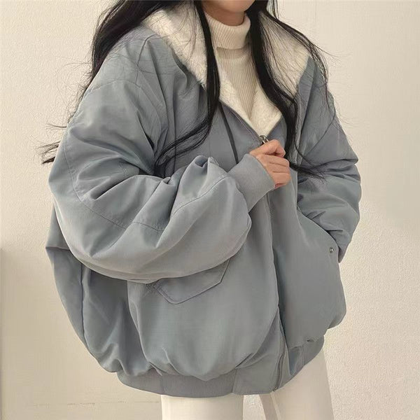 Women's Winter Double-Sided Plush Padded Jacket with Hood & Pockets - Thickened Lamb Outer Coat, Zipper Closure, Solid Color Casual Sweater for Cold Weather (No elastic fabric)