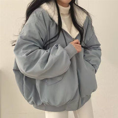 Women's Winter Double-Sided Plush Padded Jacket with Hood & Pockets - Thickened Lamb Outer Coat, Zipper Closure, Solid Color Casual Sweater for Cold Weather (No elastic fabric)