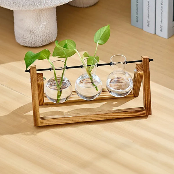 Multi-Tube Plant Propagation Station with Wooden Stand & Metal Swivel Holder, Desktop Retro Plant Terrarium Bulb Vase for Indoor Hydroponic Flowers, Tabletop Glass Planter Housewarming Gifts for Plant Lovers, 28x13.8cm (3 Tubes)