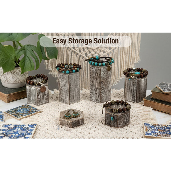 6-Pack Hexagon Display Risers in Vintage Brown – Tiered Display Stands for Shelves and Countertops – Display Plinths for Jewelry, Retail Crafts, Cupcakes, and Desserts