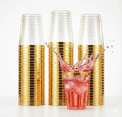 Golden Rim Plastic Cups Glasses, 10oz Plastic Gold Durable Hard Suitable for Weddings and Parties, Party Dinnerware Ware, Ideal for Birthdays, Gender Reveals, Christmas & New Year'S Celebrations