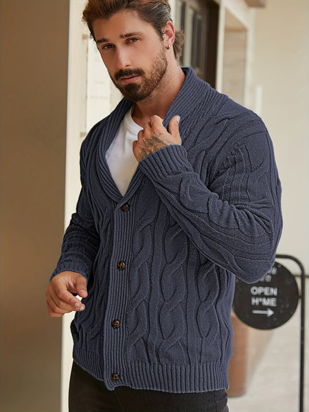 Men'S Solid Cable Knit Cardigan Fall Winter Button-Up Knit Coat