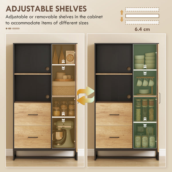 160cm Tall Kitchen Cupboard, Kitchen Pantry Sideboard with 2 Open Shelves, 2 Drawers, Adjustable Shelves and Soft Close Door, Storage Cabinet for Living Room, Dinning Room, Natural Wood Finish