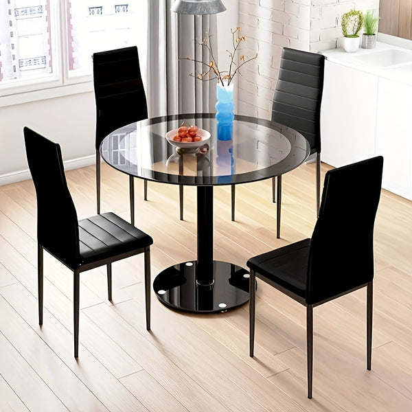 Black Dining Table and Chairs Set of 4, Round Tempered Glass Table with High Back PU Leather Chairs