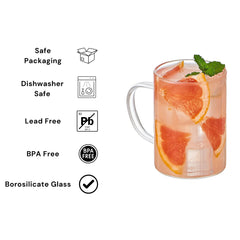 Set of 6 Striped Glass Espresso Shot Cups with Handles (160ml) - Stackable Borosilicate Coffee Glasses, Vertical Ribbed Design, Dishwasher Safe, Shot Glasses for Espresso, mini Desserts