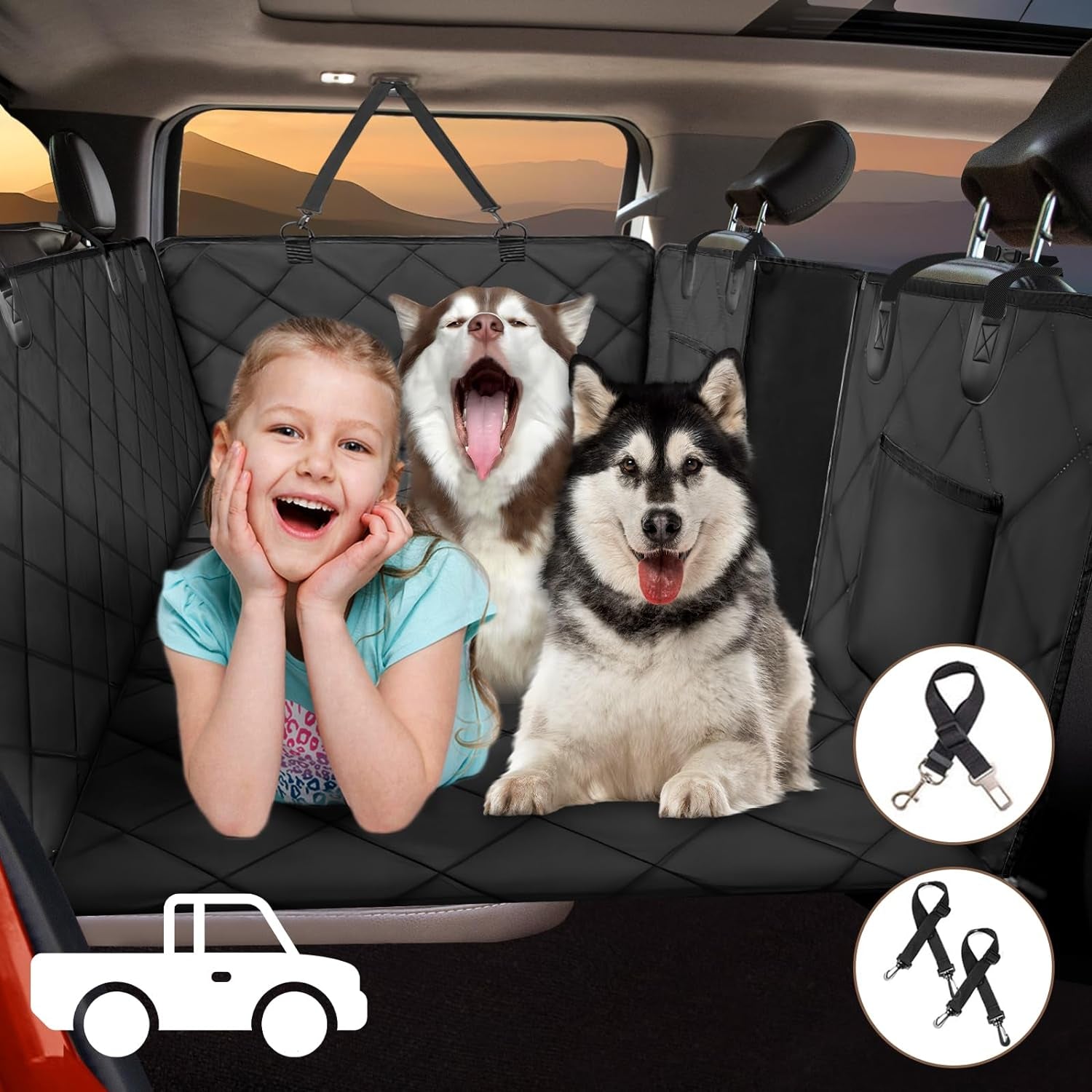 ROUWINNE Back Seat Extender for Dogs - Large Space Car Seat Cover with Hard Bottom, Sturdy Hammock Supporting 181Kg, Easy to Install for Cars, Trucks, Suvs - Black