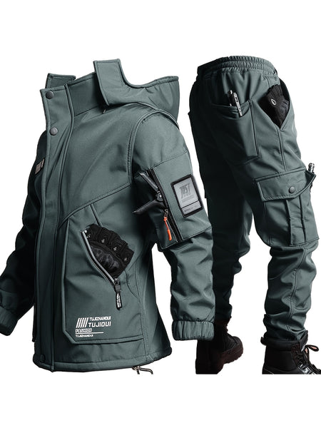 Men'S Thick Fleece Winter Warm Set, Workwear Casual Jacket with Hooded Zipper, Multi-Pocket Jacket, Casual Autumn Winter Men'S Jacket, Long Pants, Fleece Set, Warm Outdoor Hiking, Wear-Resistant