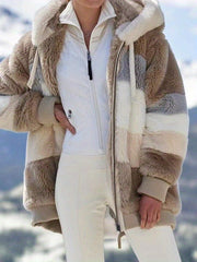 Women's 2025 Autumn Winter Warm Patchwork Hooded Coat - Zip Pockets Loose Fit Oversized Casual Outerwear