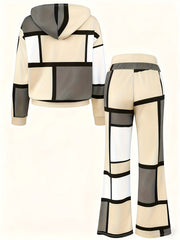 Casual Color Block 2pcs Set, Long Sleeve Hooded Top And Drawstring Pants, Women'S Clothing