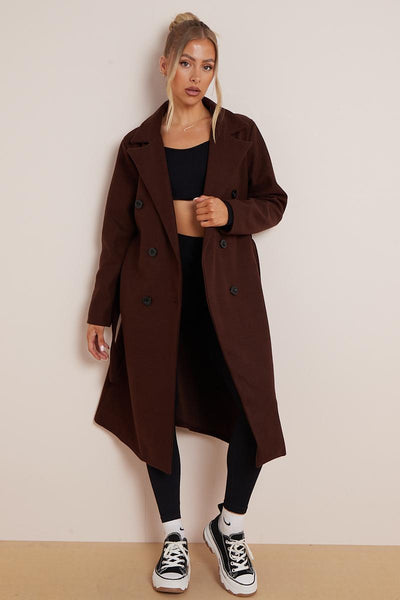 Women's Classy Solid Color Double Breasted Detachable Belted Pocket Pea Coat, Lapel Neck Long Sleeve Outerwear for Fall & Winter