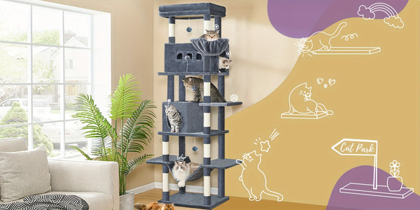 Cat Tree for Indoor Cats, 210cm Large Tall Cat Tower, Multi-Level Cats House with Condo, 8 Scratching Posts, Hammock, 4 Pom Poms
