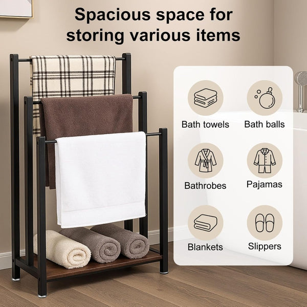 57X28X83CM Towel Rack Freestanding Towel Rack Industrial Metal 3-Bar Towel Rail with Storage Shelf Anti-Slip Feet Free Standing Towel Rail for Bathroom Drying Stand for Bath Hand Towels Quilt Blanket