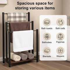 57X28X83CM Towel Rack Freestanding Towel Rack Industrial Metal 3-Bar Towel Rail with Storage Shelf Anti-Slip Feet Free Standing Towel Rail for Bathroom Drying Stand for Bath Hand Towels Quilt Blanket