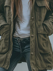 Women's Heavy-Duty -Style Hooded Jacket - All-Season Thick Winter Coat with Multi-Pocket Design, Olive Green Workwear Outerwear, Hood for Casual & (Machine Washable)