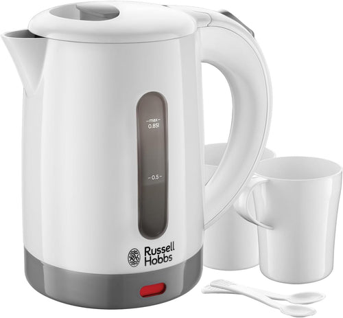 Russell Hobbs Electric 0.85L Travel Kettle, Small & Compact, Dual Voltage, Ideal for Abroad/Caravan/Camping, Inc 2 Cups & Spoons, Removable Washable Anti-Scale Filter, Water Windows, 1000W, 23840