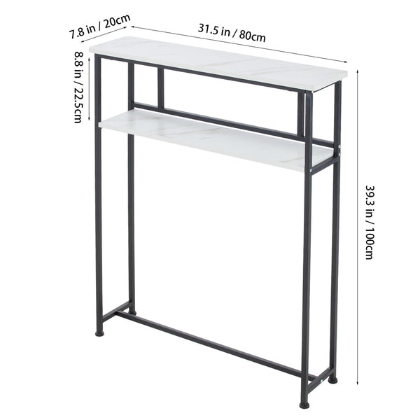 Sofa Side Table for Narrow Spaces, 2-Tier White Marble & Black Steel Shelf, 80cm Slim Console for Behind Couch, Organizer for Remote, Books, Living Room, 80*20*100cm