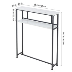 Sofa Side Table for Narrow Spaces, 2-Tier White Marble & Black Steel Shelf, 80cm Slim Console for Behind Couch, Organizer for Remote, Books, Living Room, 80*20*100cm