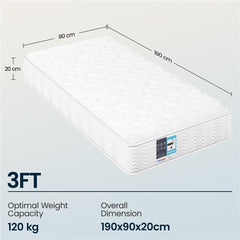 Costoffs Single/Double Bed Mattress Medium Firm Pocket Coil Spring Mattress, Vacuum Packed, Fabric Encased Coil, Bedroom Furniture, 90x190cm/130x190cm, Grey/White