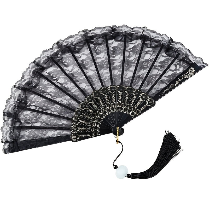 Black Lace Folding Fan, Handheld Fan with Pendant Tassel, Black Retro Lace Handheld Fan for Women'S Birthday Party Dancing Cosplay