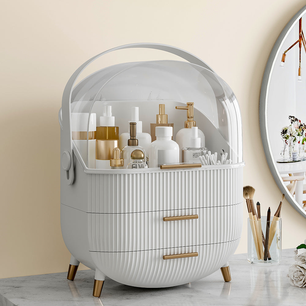 Jewelry Storage Box, White Makeup Organiser Storage Box with 2 Drawers, 25*18.5*37cm Cosmetic Organiser, Large Capacity Multi-Function Make Up Case with Clear Lid, Jewelry Display Case, Cosmetics Storage Box Suitable for Necklace, Bracelet, Watch, Earring