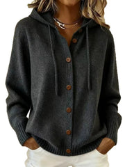 Drawstring Hooded Button Front Cardigan with Side Pockets