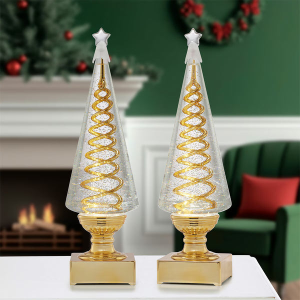 14 Inch Lighted Spinning Spiral Glitter Trees in Silver - Set of 2