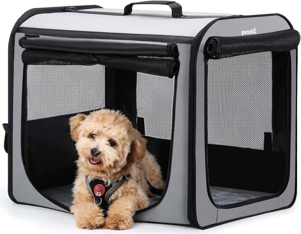 Dog Car Carrier Stable and Light Weight, 61×45×52Cm Dog Carrier for Cars, Portable Dog Car Crate with Breathable Windows, Foldable Pet Carrier for Both Indoor and Outdoor Use, Pet Travel Crate Grey