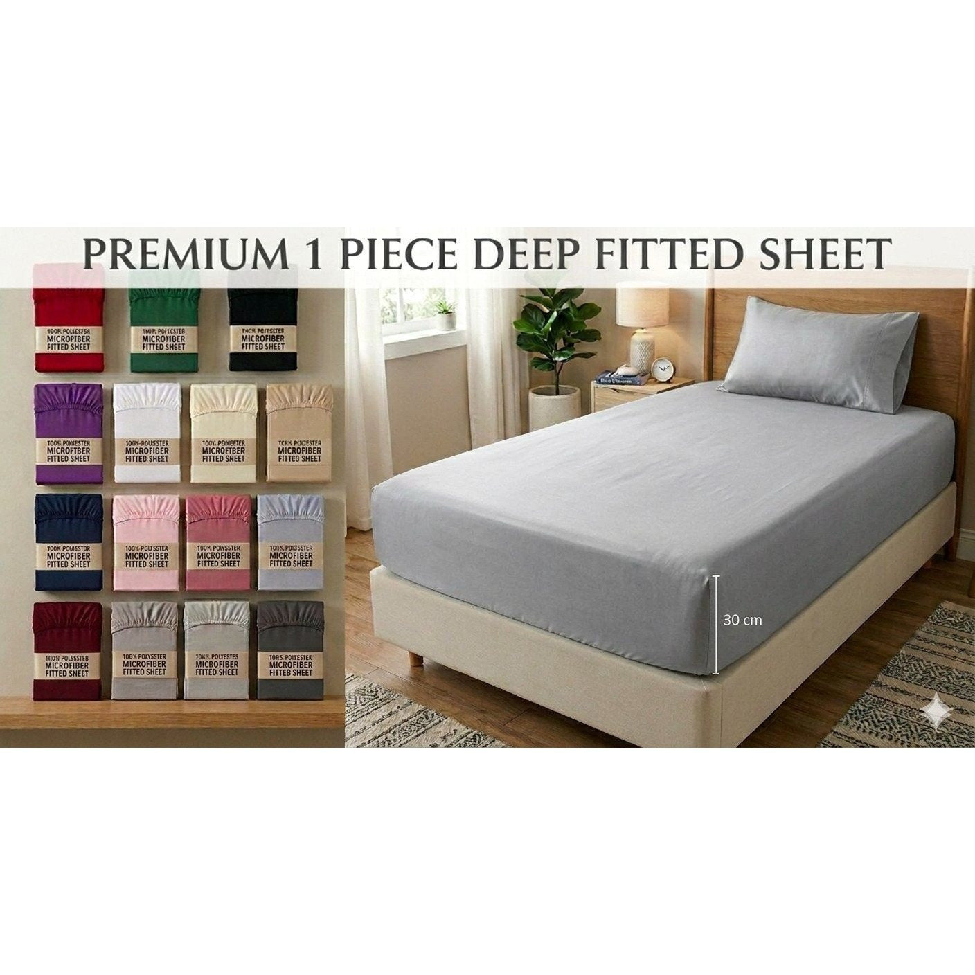 Extra Deep Fitted Sheets 30cm deep pocket with Elastic Cornes For Perfect Mattress Fit, Available in Single,Double, King,& SuperKing Size