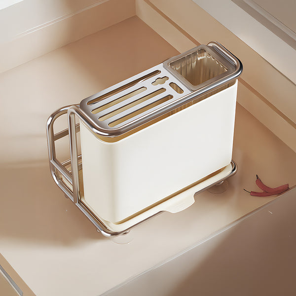 1pc Cream Kitchen Utensil Storage Rack with Drainage Tray, Multifunctional Cutlery Slots for Spoon, Knife, Fork, Shovel, Knives, Chopsticks, Chopping Boards, Pot Lids and More, Durable Structure, Compact Countertop Design, Versatile Kitchen Organizer, Des