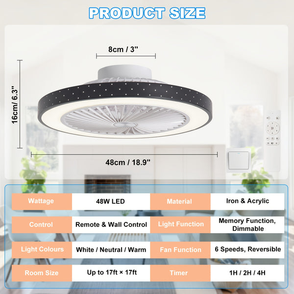 Ceiling Fan with Light And Remote, 6 Speeds, 3 Colors, Modern LED Ceiling Light with Fan, Low Profile, Ceiling Lamp with Fan, Fan Lamp, for Living Room, Bedroom, Dinning Room, Kitchen, Office