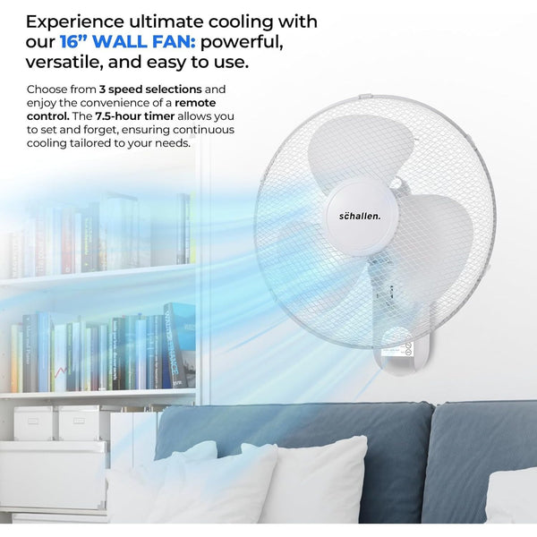 Schallen 16 Inch Wall Mounted Fan with Remote Control, Oscillating Cooling Fan 40cm, 3 Speed Settings, Timer Function, Quiet Wall Fan for Bedroom, Office, Kitchen, Garage, Home Cooling Fan UK, Adjustable Tilt Air Circulator, Energy Efficient Wall Fan Whit