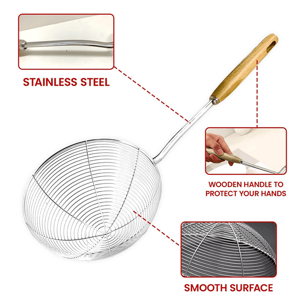 AEX Stainless Steel ladle Frying Spoon Strainer with Wood Handle Pasta Strainer Wooden Spoons Cooking Utensils for Kitchen Cooking Frying Food Ladle Spider Skimmer Mesh Strainer Skimmer Frying Spoons Spider Strainer Skimmer Wire Skimmer Ladle Kitchen Uten