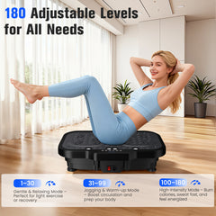 1-Piece Black Vibration Plate (Fat-Burning Machine) - 180 Adjustable Speed Settings, 150kg Load, Upgraded Handles & Resistance Bands, Speakers & Remote Control for Home/Office Full-Body Workouts