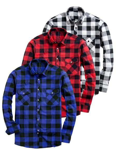 Men's 3pcs Fashion Casual Flannel Plaid Shirts for All Seasons