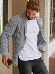 Men'S Solid Cable Knit Cardigan Fall Winter Button-Up Knit Coat