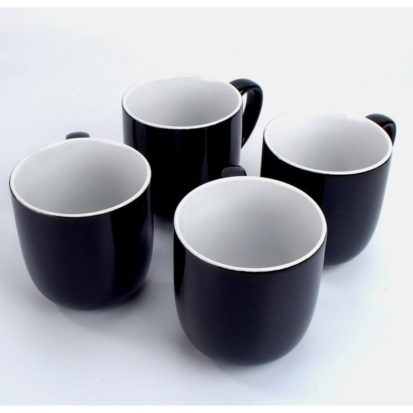 Set of 4 Black Gloss Tea & Coffee Mugs – 350ml Ceramic Cups Kitchenware
