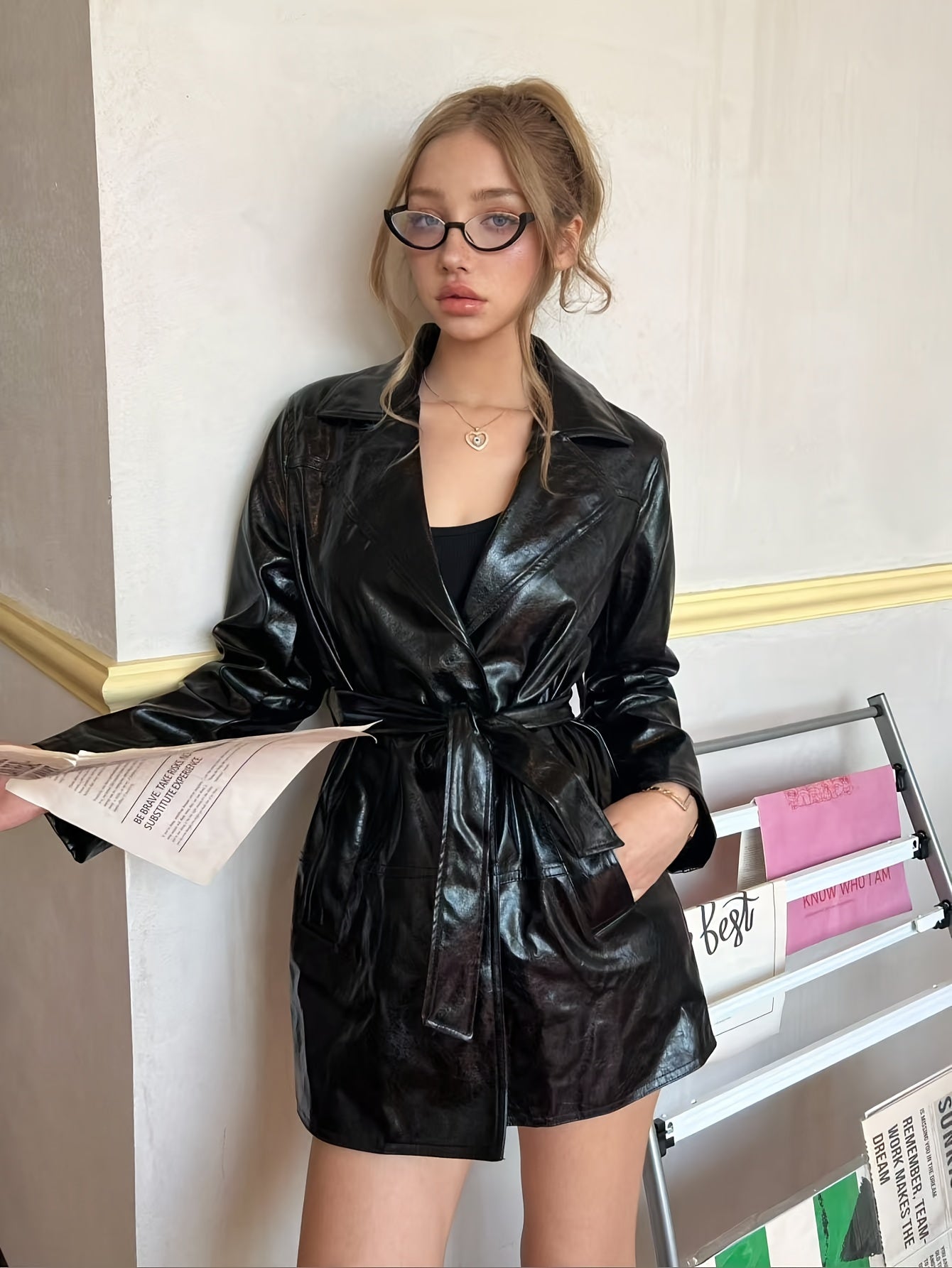 Autumn Savvy Modern Commuter Style Women's Long PU Trench Coat with Belt