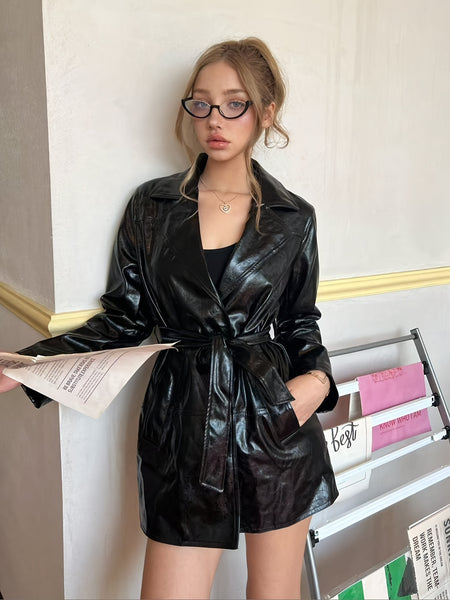 Autumn Savvy Modern Commuter Style Women's Long PU Trench Coat with Belt