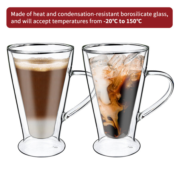Vinsani Double Walled Coffee Drink Glasses Tea Cup Mug Heat Cold Resistant Aesthetic Clear Borosilicate Glass with Handle Cappuccino Latte Tea Dessert Hot and Cold Drinks
